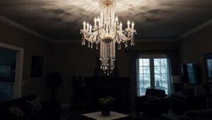 Elegant crystal chandelier illuminating a dimly lit living room with large windows and cozy seating.