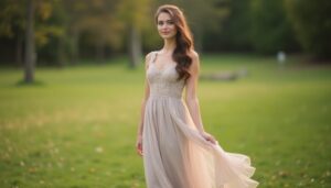 Woman in an elegant evening gown standing in a sunny, green park setting.