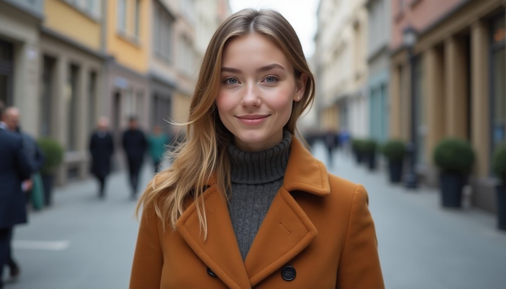 Smiling woman in a stylish coat walking on a city street lined with colorful buildings.