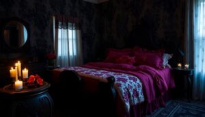 Romantic bedroom with floral bedding, candlelit ambiance, and elegant curtains, creating a cozy, intimate atmosphere.